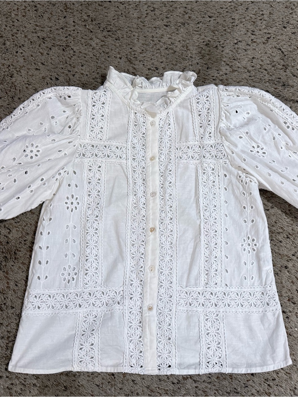 Romantic Boho White Eyelet Lace & Linen Button-Front Blouse